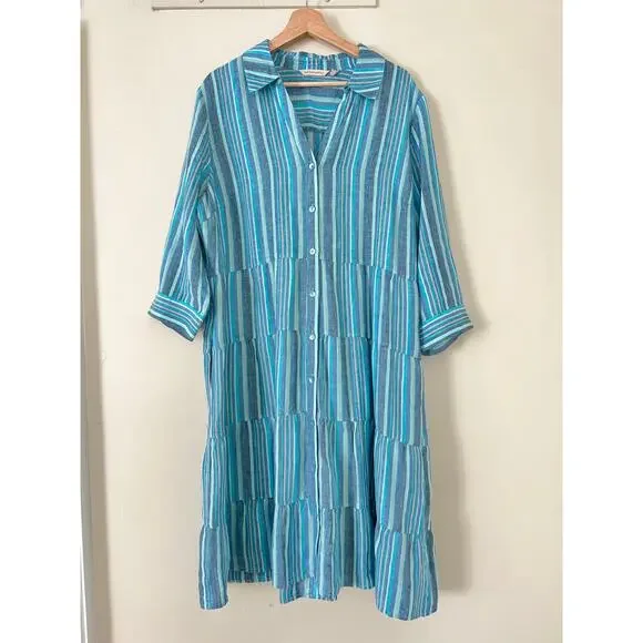 Soft Surroundings Blue Striped Midi Tiered Women's Dress A-Line XL 100% Linen - Picture 2 of 5